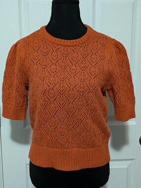 Marled Pointelle Knit Short Puff Sleeve Sweater L Rust Burnt Orange Open Stitch